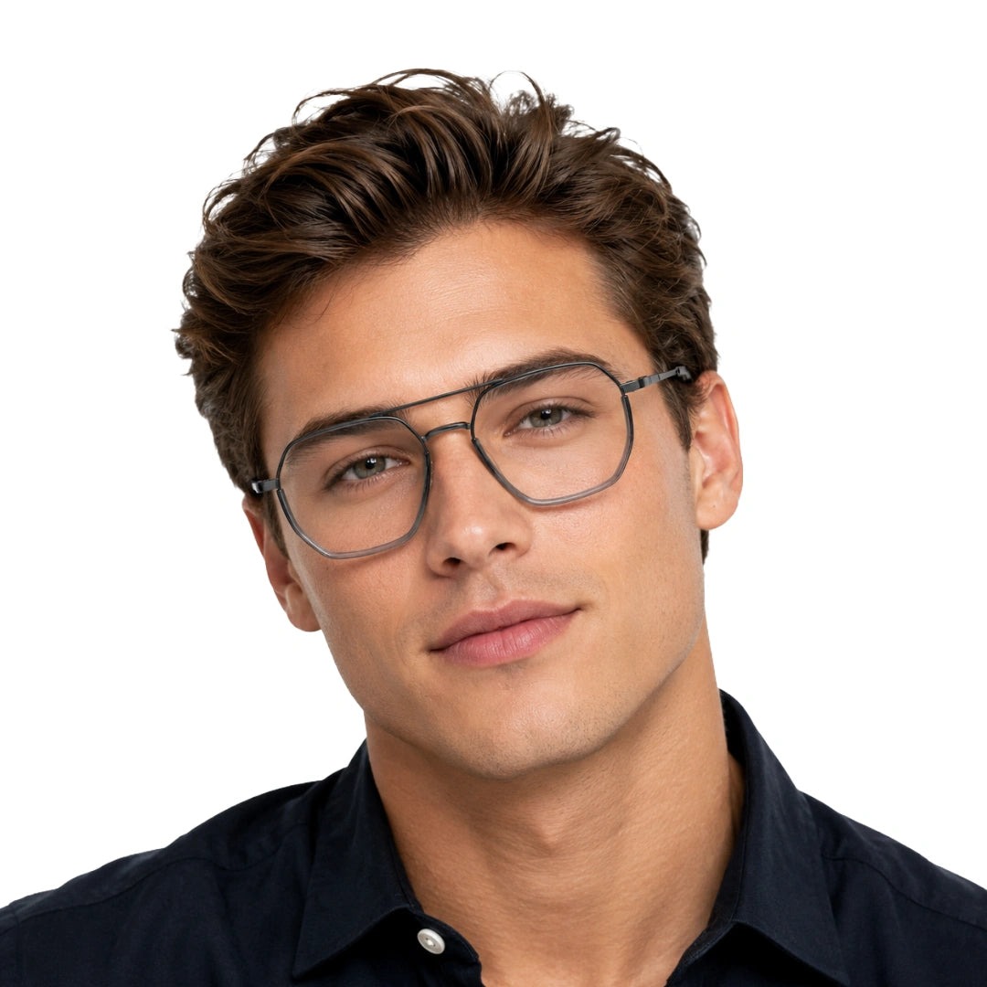 Man wearing College Fashion 66101 geometric square double bridge prescription eyeglasses in grey