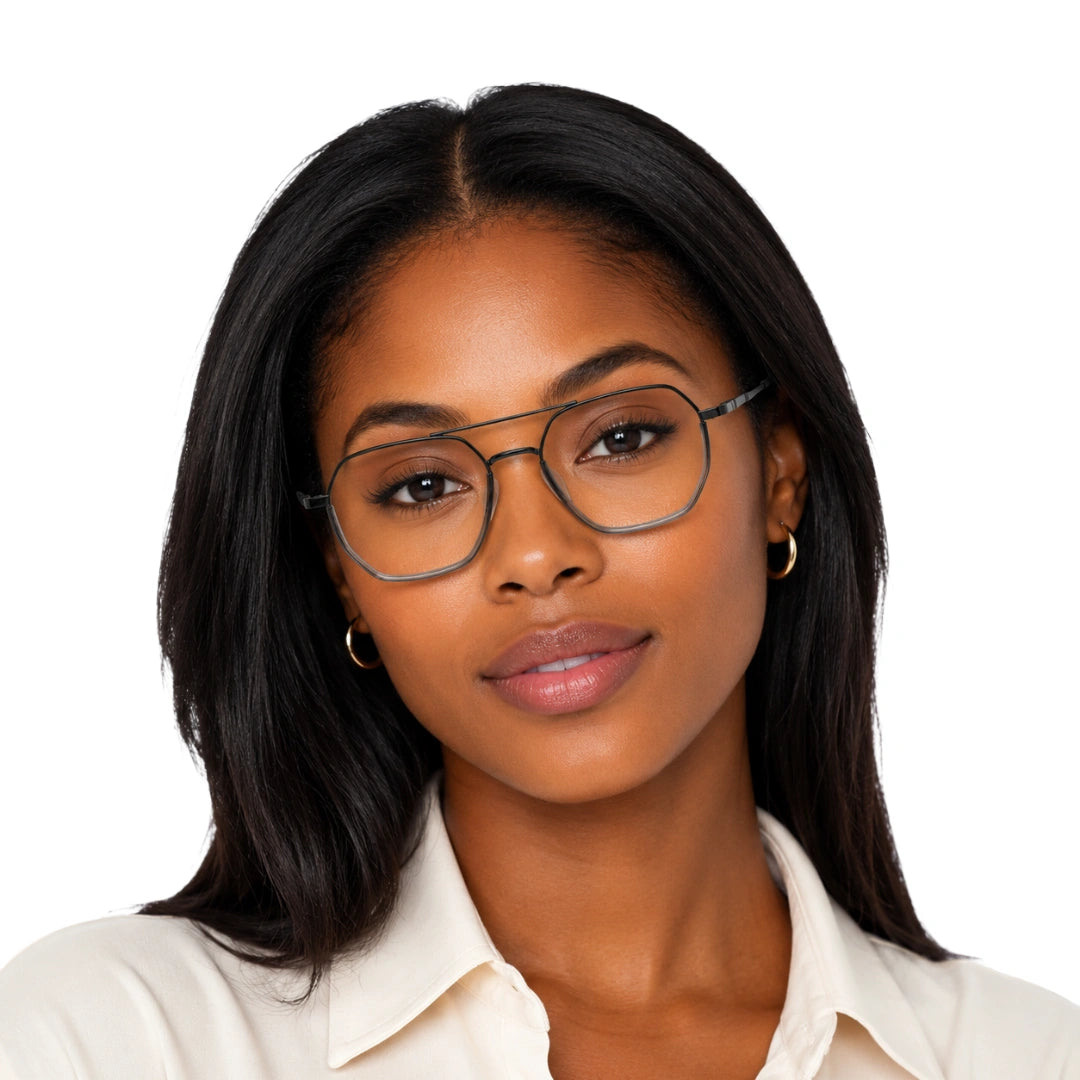 Woman wearing College Fashion 66101 geometric square double bridge prescription eyeglasses in grey, front view