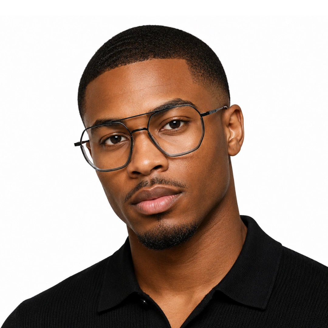 Man wearing College Fashion 66101 geometric square double bridge prescription eyeglasses in grey, front view