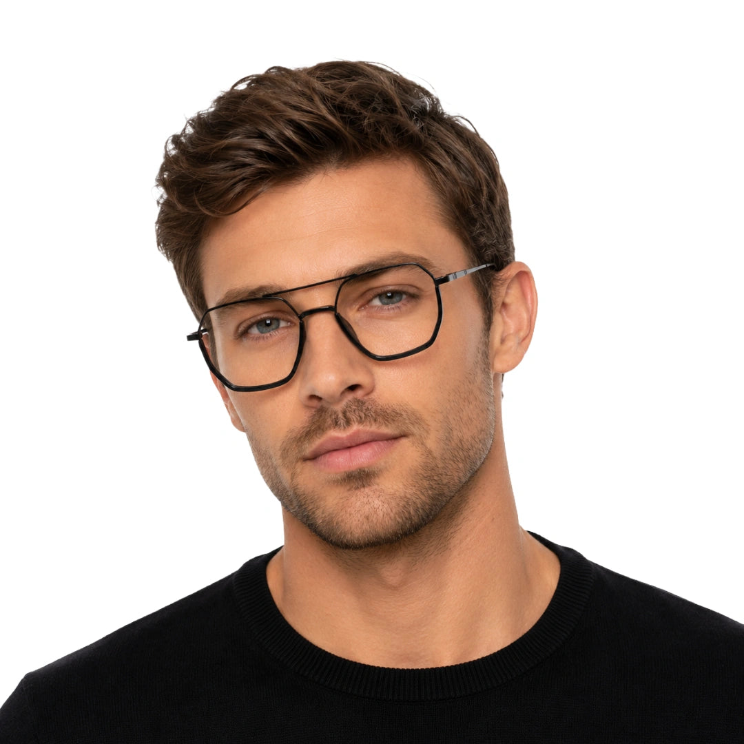 Man wearing College Fashion 66101 geometric square double bridge prescription eyeglasses in gunmetal and black