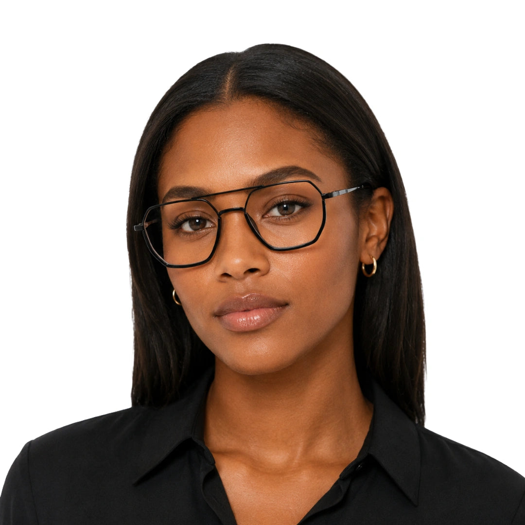 Woman wearing College Fashion 66101 geometric square double bridge prescription eyeglasses in gunmetal and black, front view