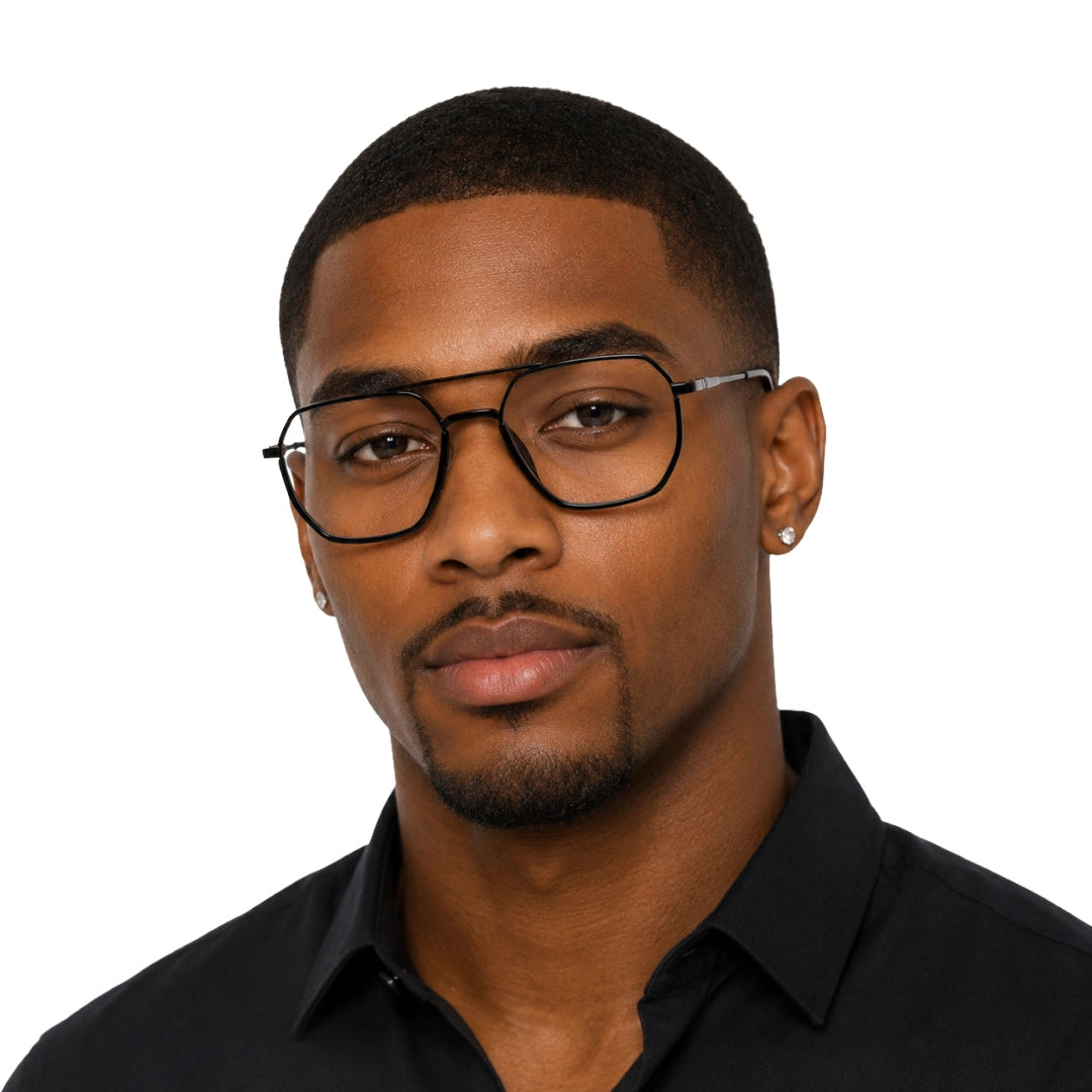 Man wearing College Fashion 66101 geometric square double bridge prescription eyeglasses in gunmetal and black, front view