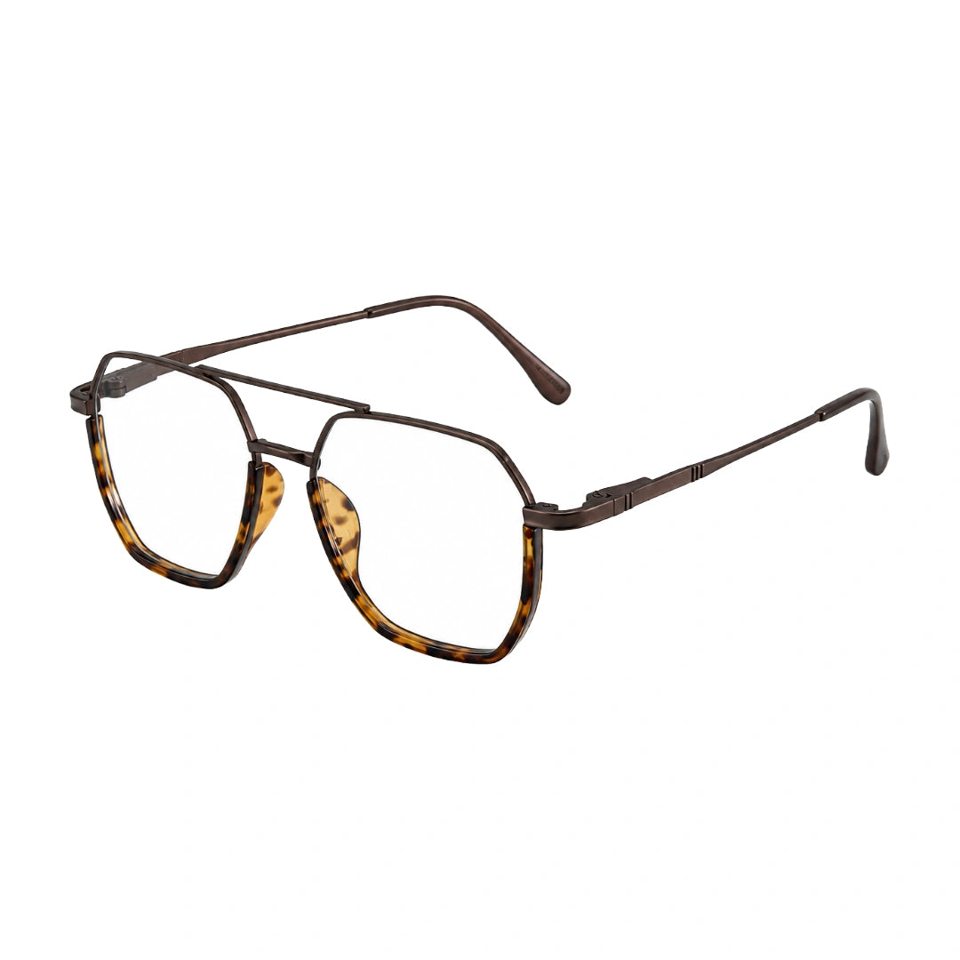 College Fashion 66101 geometric square double bridge prescription eyeglasses in tortoise shell, three-quarter angled view