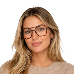 Woman wearing College Fashion 66101 geometric square double bridge prescription eyeglasses in tortoise shell