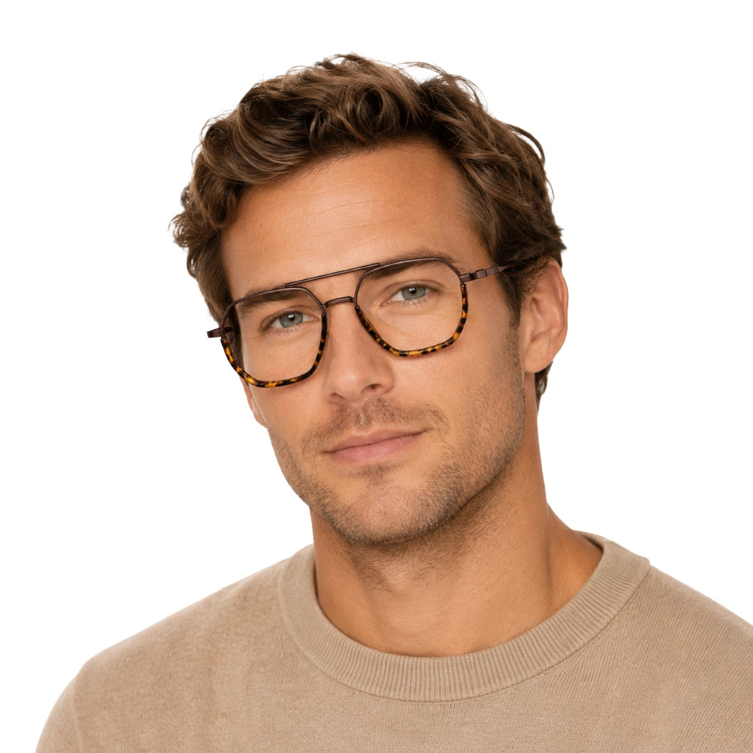 Man wearing College Fashion 66101 geometric square double bridge prescription eyeglasses in tortoise shell