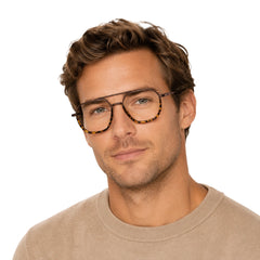 Man wearing College Fashion 66101 geometric square double bridge prescription eyeglasses in tortoise shell