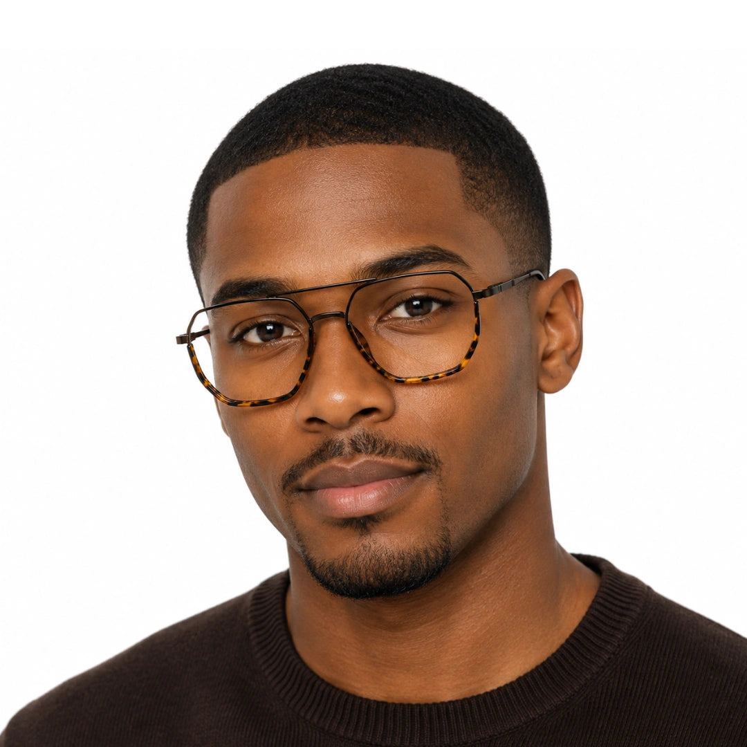 Man wearing College Fashion 66101 geometric square double bridge prescription eyeglasses in tortoise shell, front view