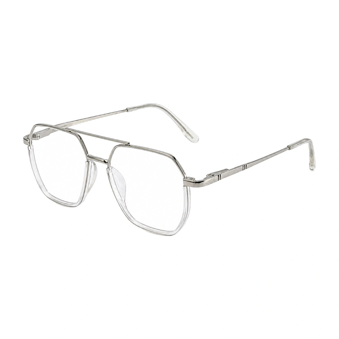 College Fashion 66101 geometric square double bridge prescription eyeglasses in transparent, three-quarter angled view