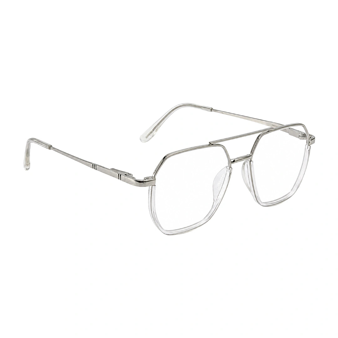 College Fashion 66101 geometric square double bridge prescription eyeglasses in transparent, angled view