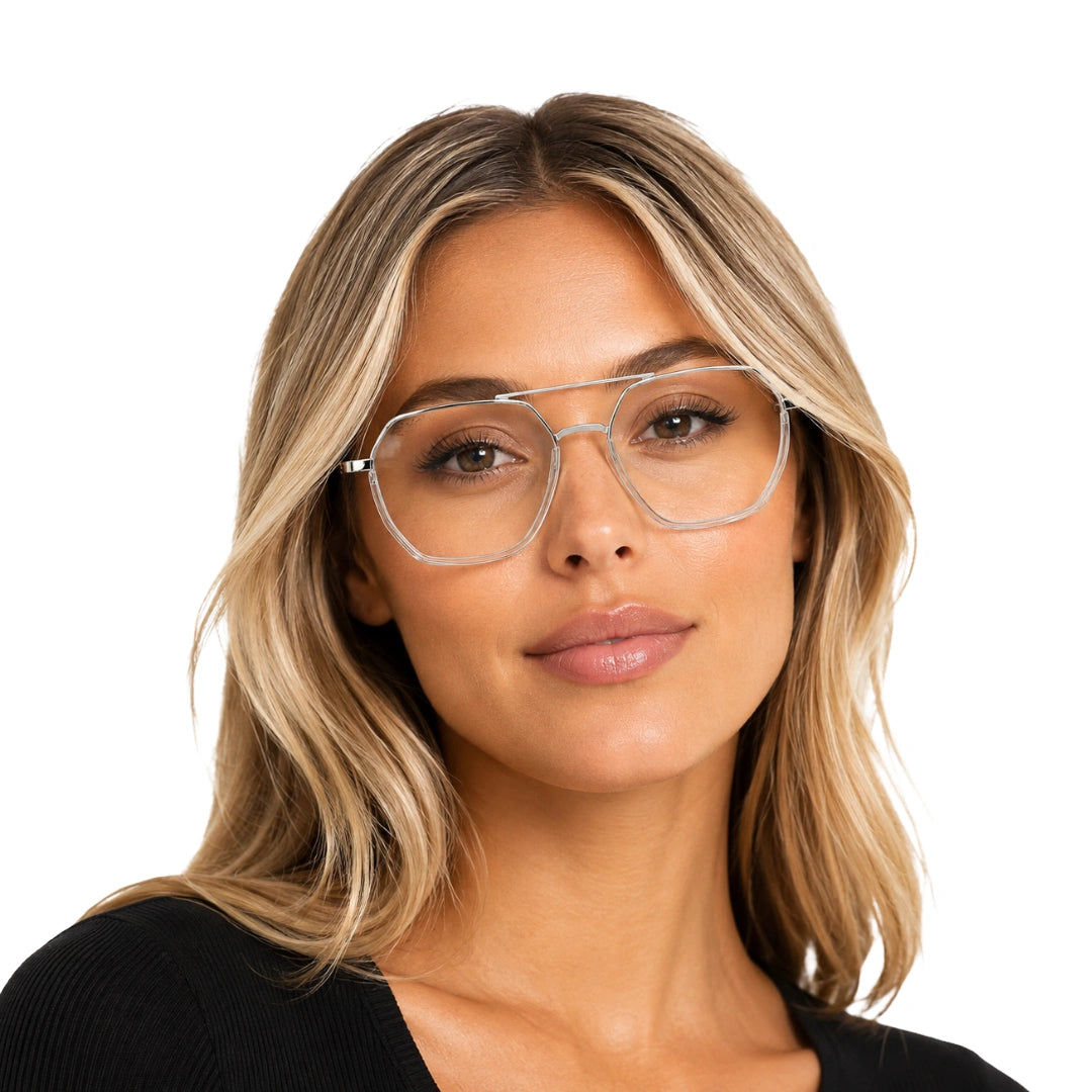 Woman wearing College Fashion 66101 geometric square double bridge prescription eyeglasses in transparent