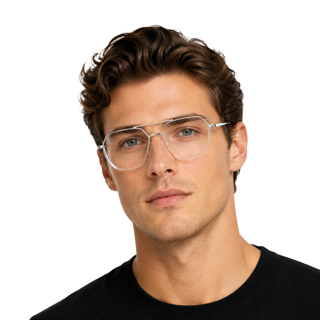 Man wearing College Fashion 66101 geometric square double bridge prescription eyeglasses in transparent