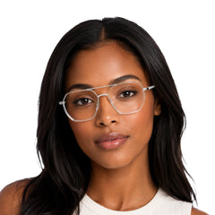 Woman wearing College Fashion 66101 geometric square double bridge prescription eyeglasses in transparent, front view