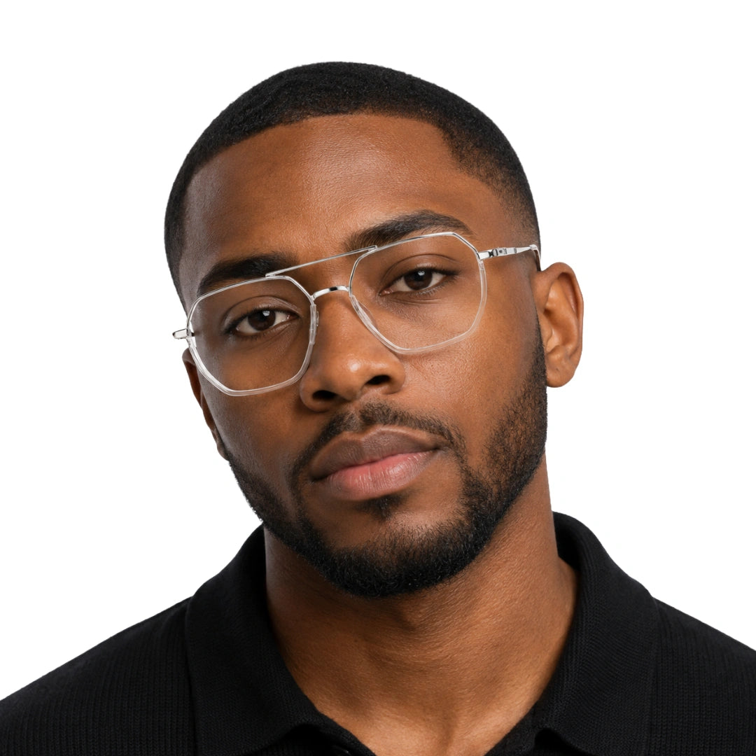 Man wearing College Fashion 66101 geometric square double bridge prescription eyeglasses in transparent, front view