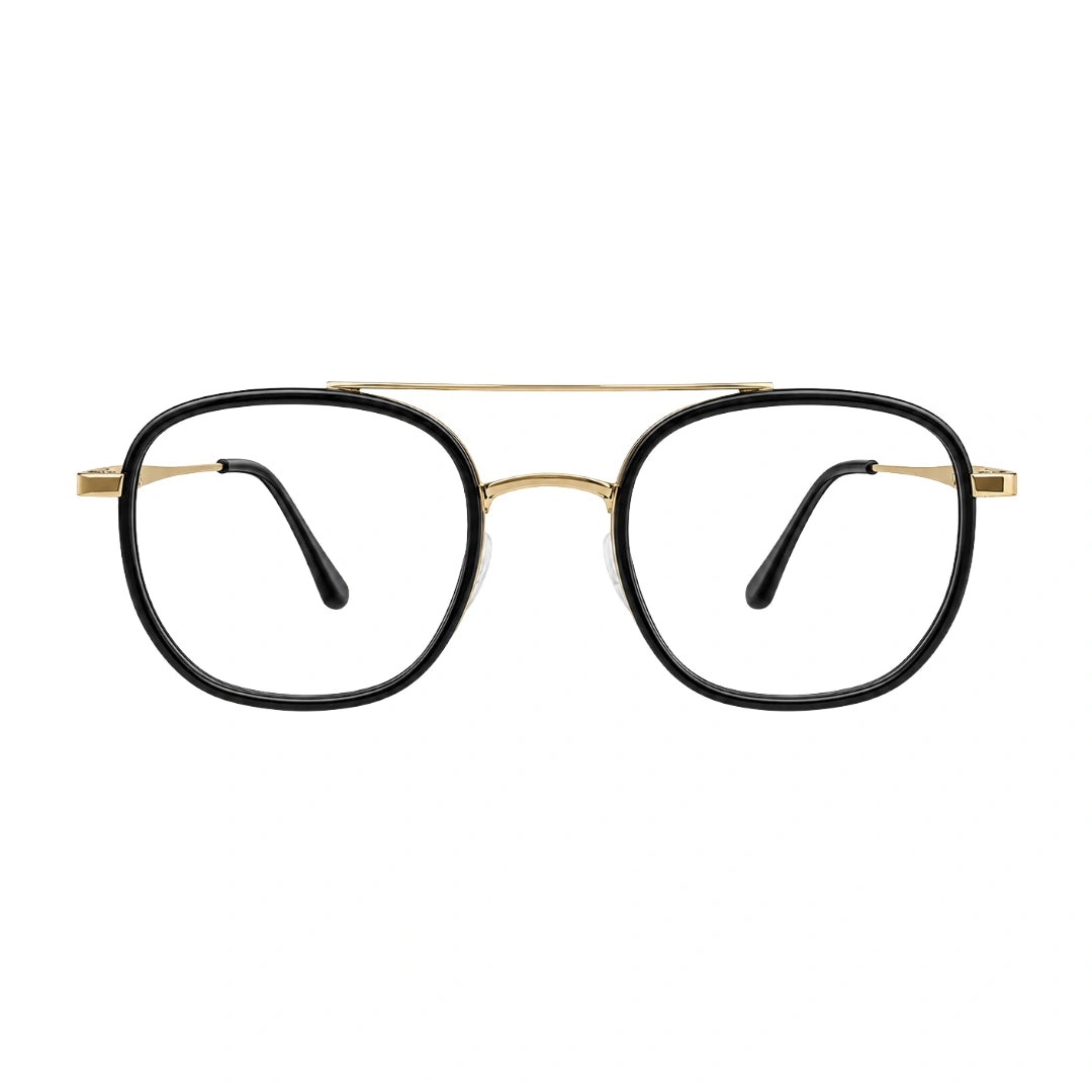 College Fashion 66102 double bridge square prescription eyeglasses in black and gold, front view