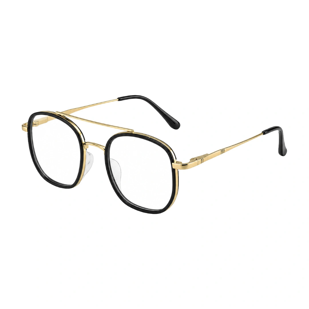 College Fashion 66102 double bridge square prescription eyeglasses in black and gold, three-quarter angled view