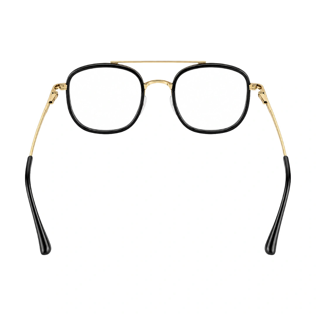 College Fashion 66102 double bridge square prescription eyeglasses in black and gold, rear view
