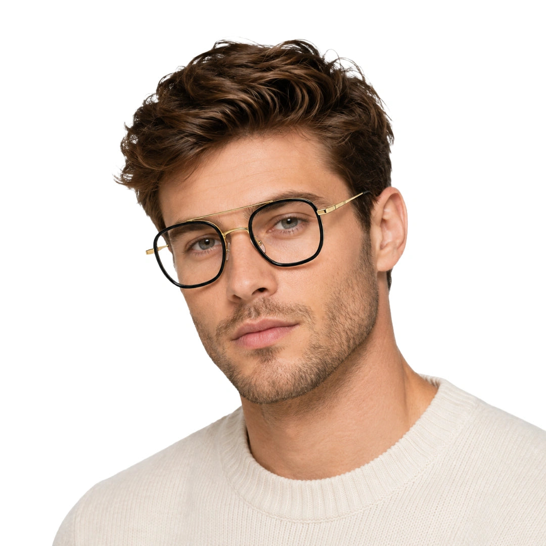 Man wearing College Fashion 66102 double bridge square prescription eyeglasses in black and gold