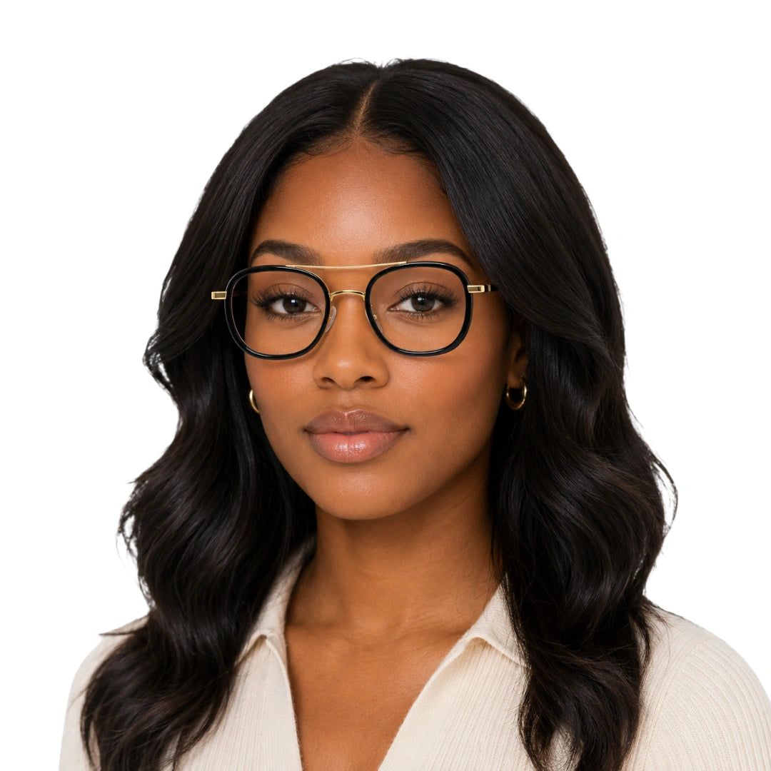 Woman wearing College Fashion 66102 double bridge square prescription eyeglasses in black and gold, front view