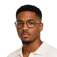 Man wearing College Fashion 66102 double bridge square prescription eyeglasses in black and gold, front view