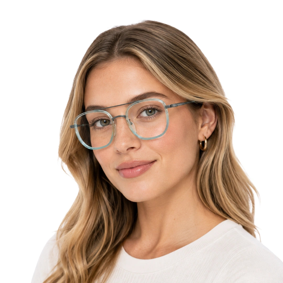 Woman wearing College Fashion 66102 double bridge square prescription eyeglasses in blue