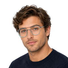Man wearing College Fashion 66102 double bridge square prescription eyeglasses in blue