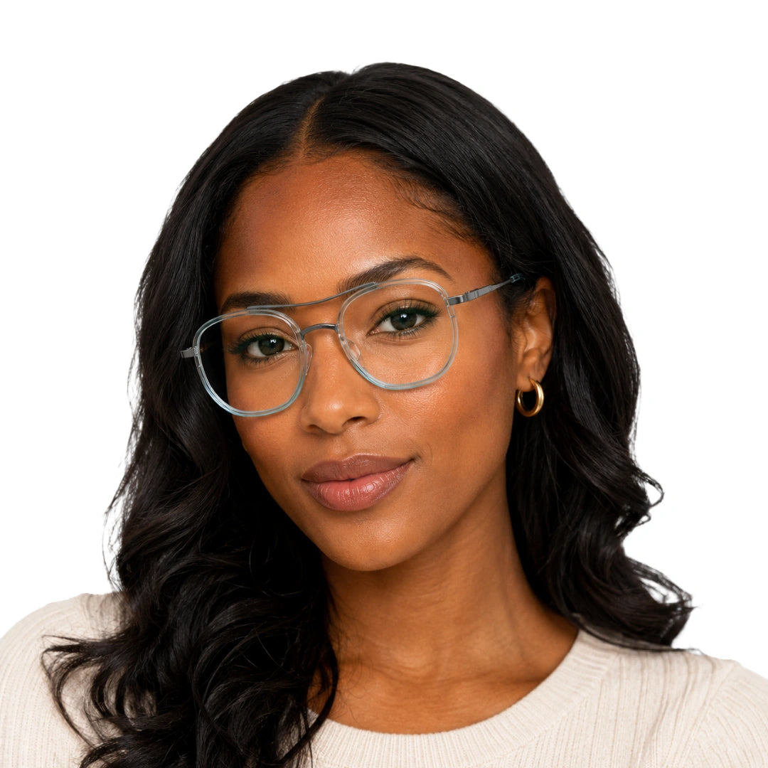 Woman wearing College Fashion 66102 double bridge square prescription eyeglasses in blue, front view