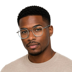 Man wearing College Fashion 66102 double bridge square prescription eyeglasses in blue, front view