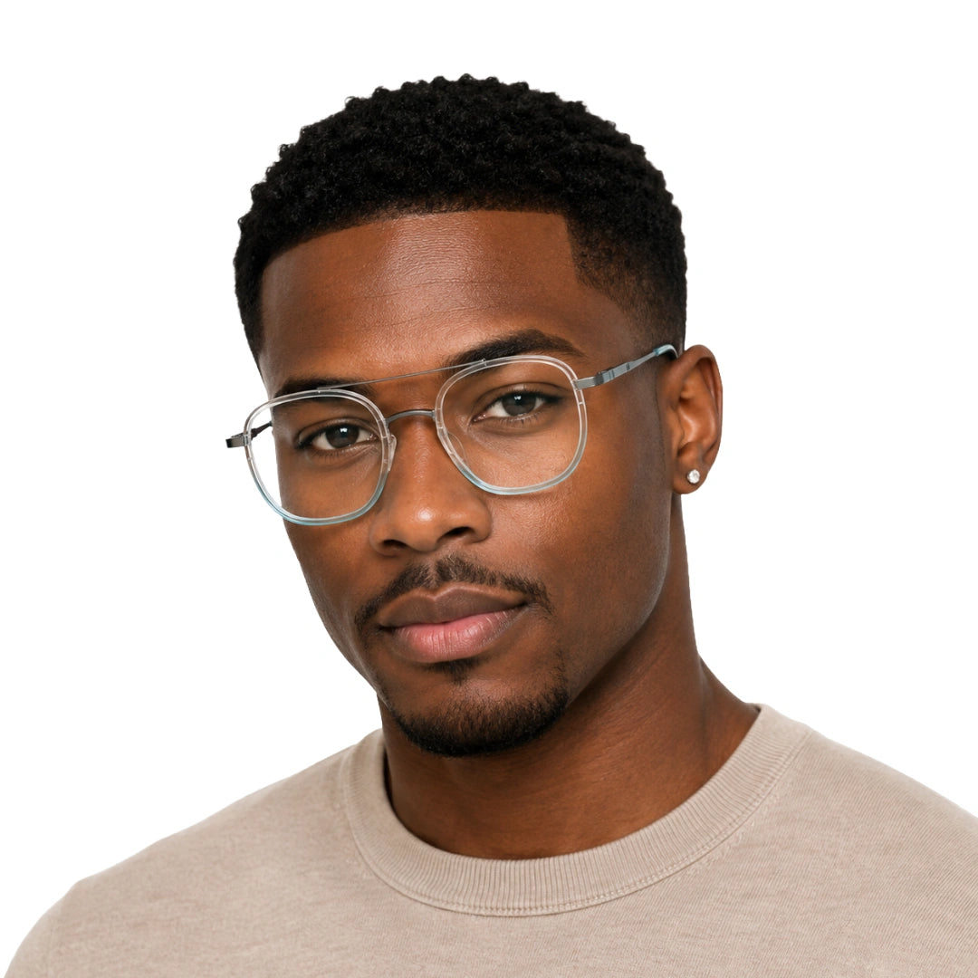 Man wearing College Fashion 66102 double bridge square prescription eyeglasses in blue, front view