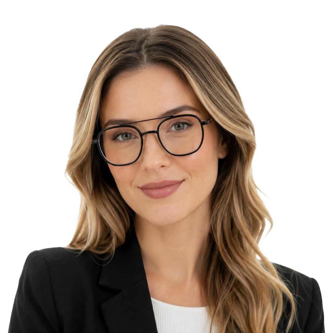 Woman wearing College Fashion 66102 double bridge square prescription eyeglasses in glossy black