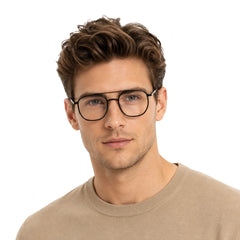 Man wearing College Fashion 66102 double bridge square prescription eyeglasses in glossy black