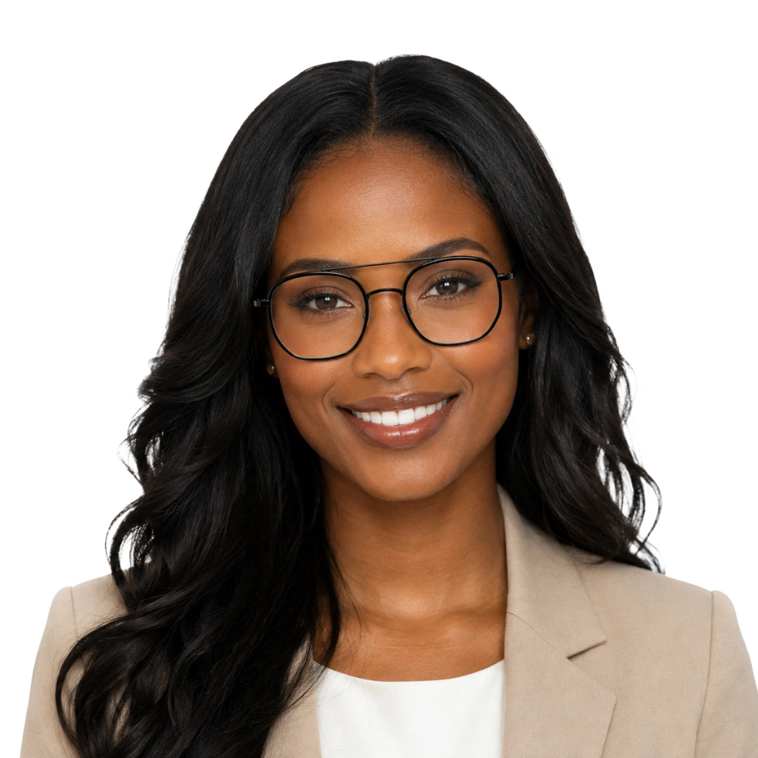 Woman wearing College Fashion 66102 double bridge square prescription eyeglasses in glossy black, front view