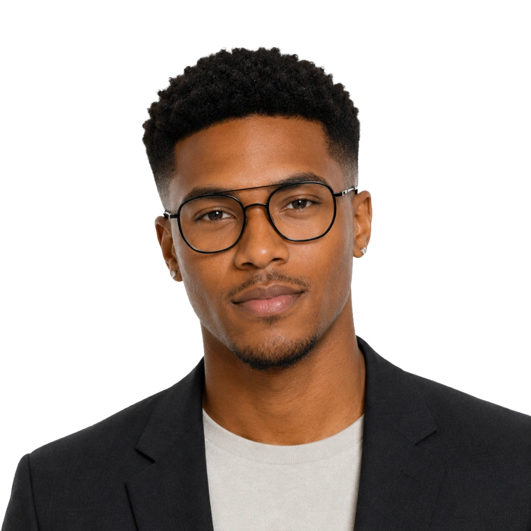 Man wearing College Fashion 66102 double bridge square prescription eyeglasses in glossy black, front view
