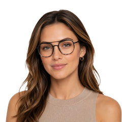 Woman wearing College Fashion 66102 double bridge square prescription eyeglasses in gradient black