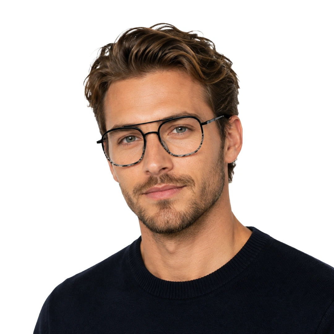 Man wearing College Fashion 66102 double bridge square prescription eyeglasses in gradient black