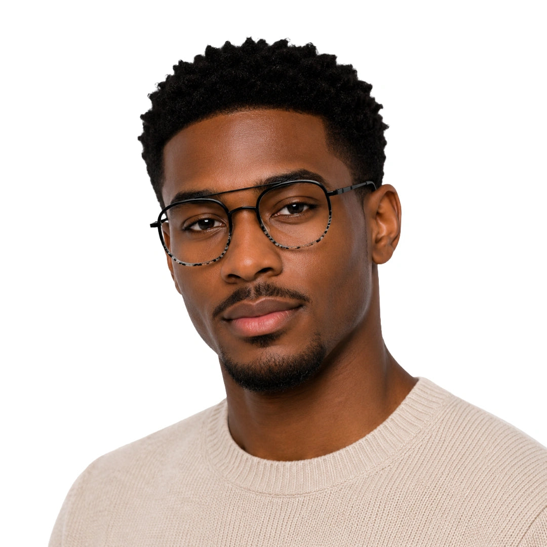 Man wearing College Fashion 66102 double bridge square prescription eyeglasses in gradient black, front view