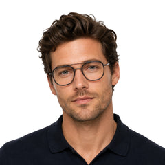 Man wearing College Fashion 66102 double bridge square prescription eyeglasses in grey