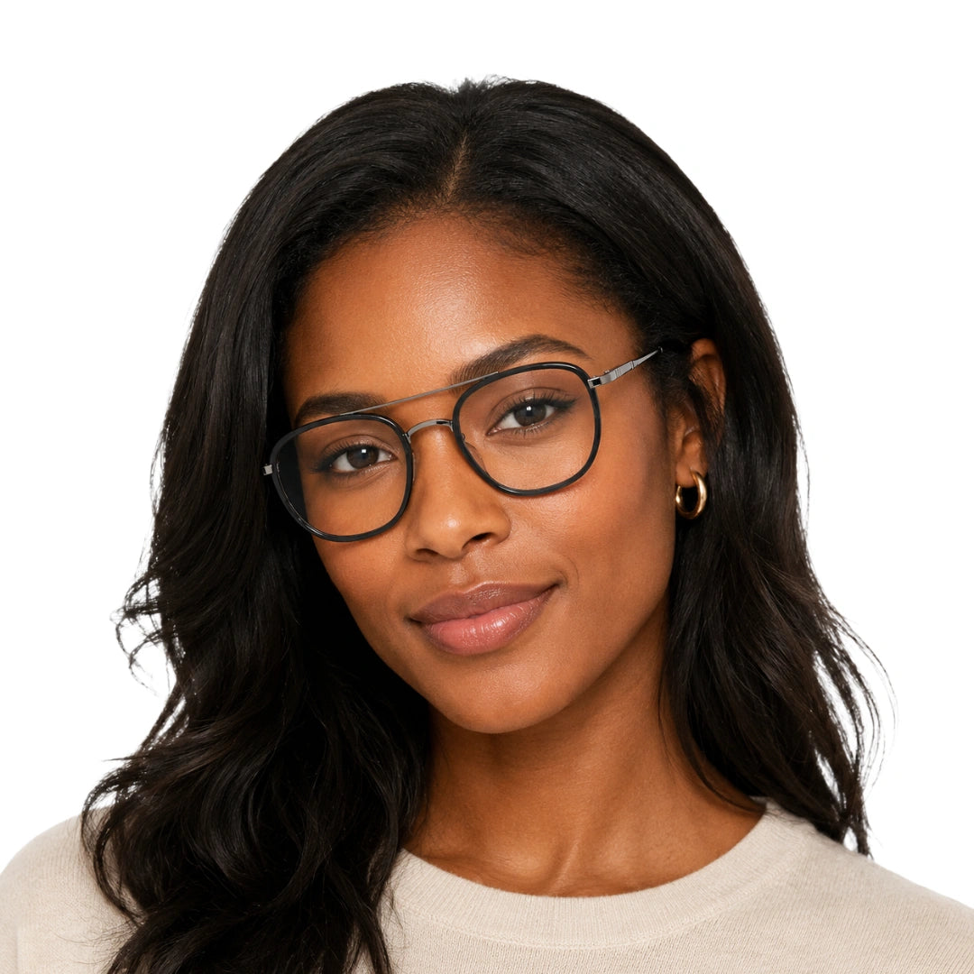 Woman wearing College Fashion 66102 double bridge square prescription eyeglasses in grey, front view