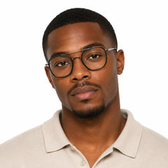 Man wearing College Fashion 66102 double bridge square prescription eyeglasses in grey, front view