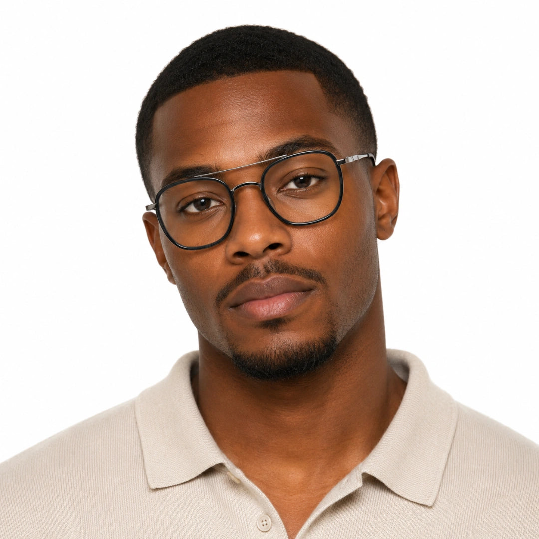 Man wearing College Fashion 66102 double bridge square prescription eyeglasses in grey, front view