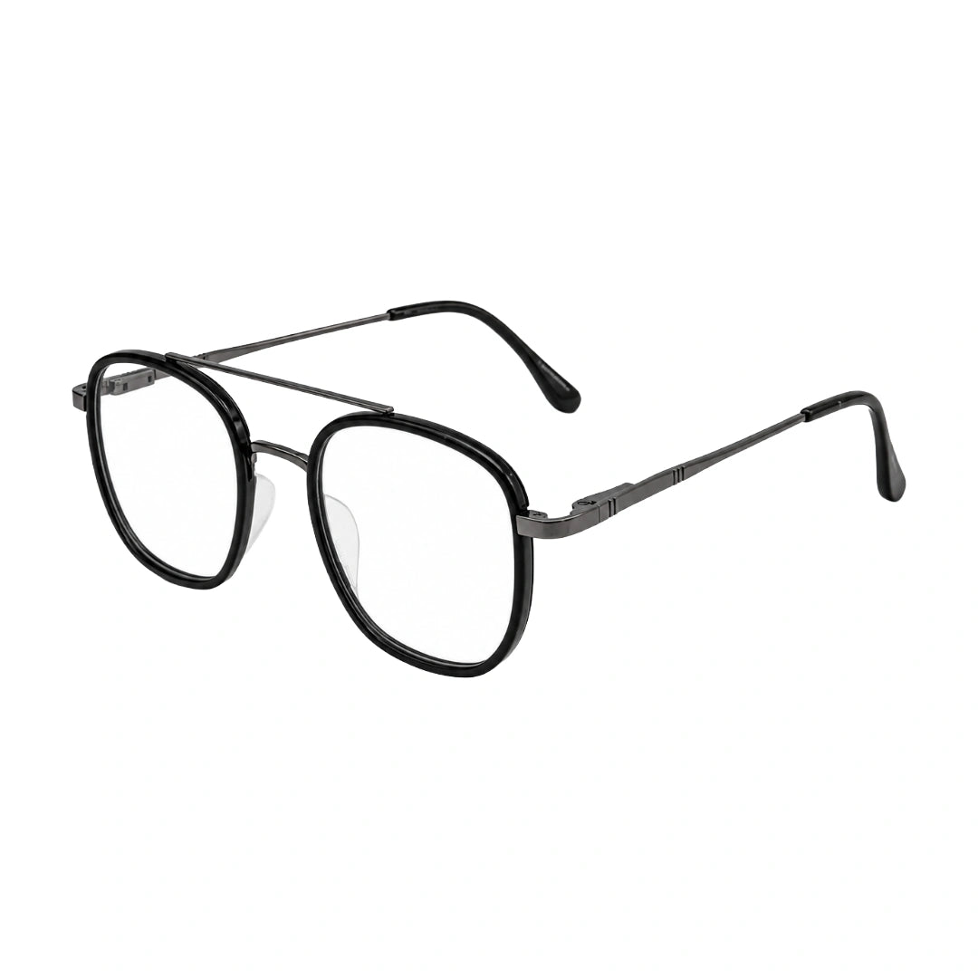College Fashion 66102 double bridge square prescription eyeglasses in gunmetal and black, three-quarter angled view