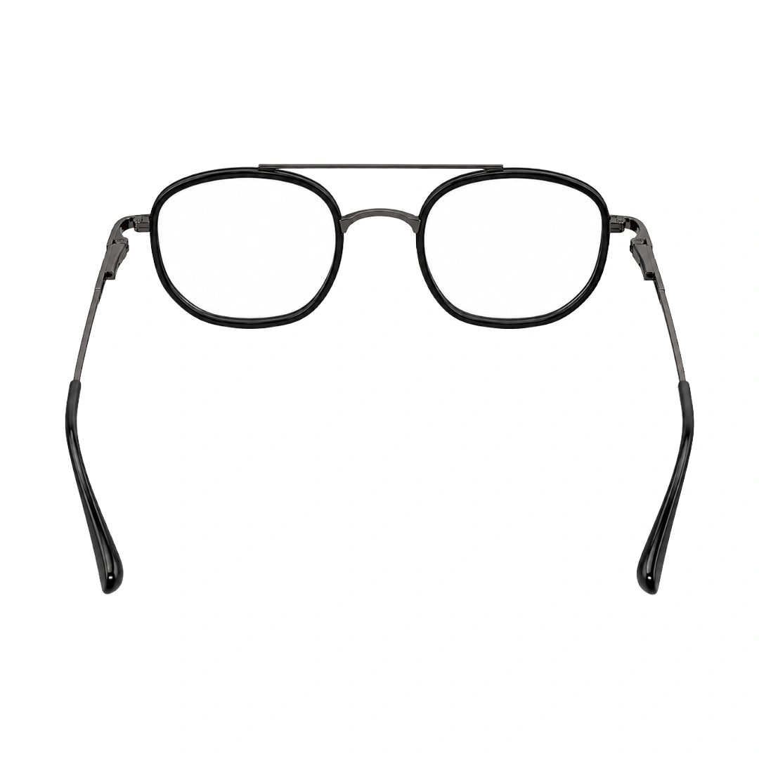 College Fashion 66102 double bridge square prescription eyeglasses in gunmetal and black, rear view