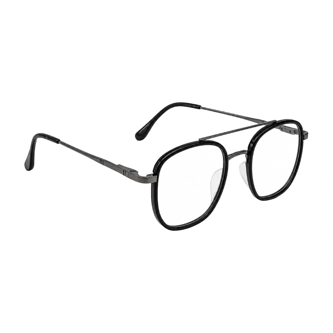 College Fashion 66102 double bridge square prescription eyeglasses in gunmetal and black, angled view