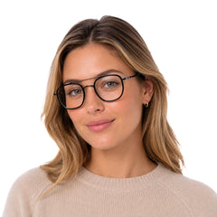 Woman wearing College Fashion 66102 double bridge square prescription eyeglasses in gunmetal and black