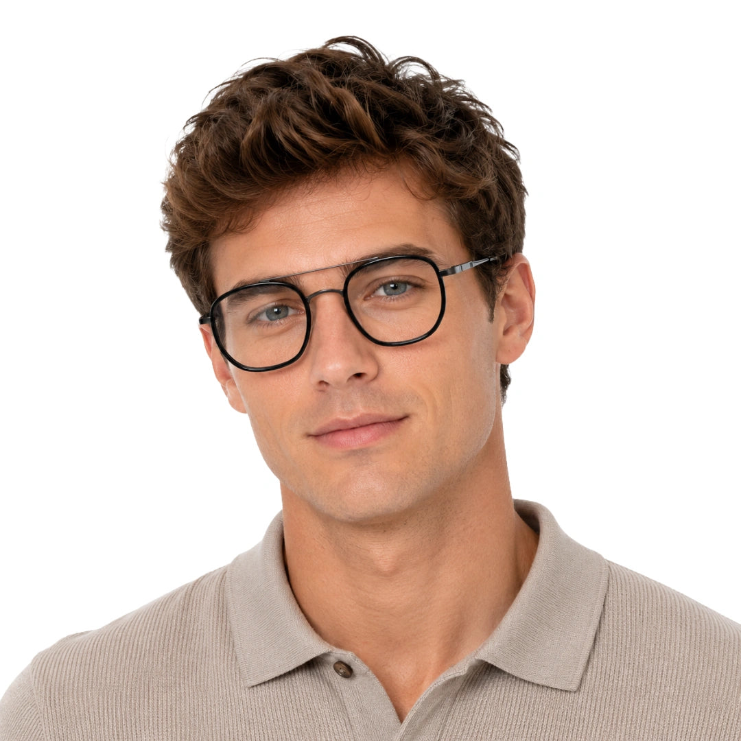 Man wearing College Fashion 66102 double bridge square prescription eyeglasses in gunmetal and black