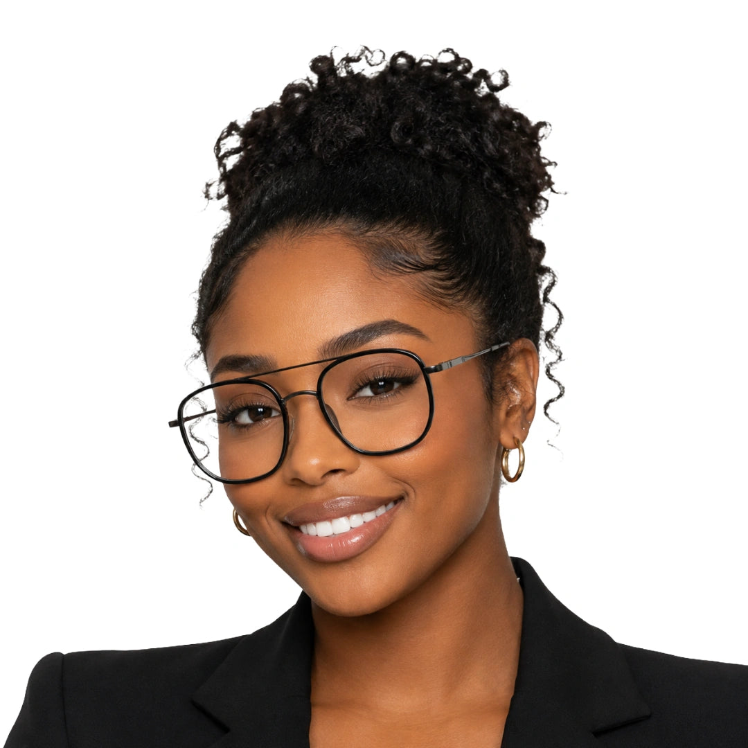 Woman wearing College Fashion 66102 double bridge square prescription eyeglasses in gunmetal and black, front view