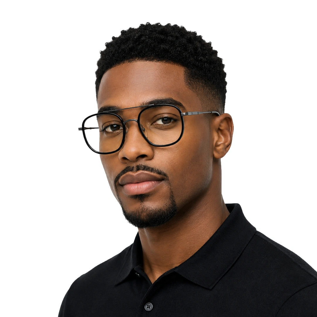 Man wearing College Fashion 66102 double bridge square prescription eyeglasses in gunmetal and black, front view