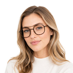 Woman wearing College Fashion 66102 double bridge square prescription eyeglasses in tortoise shell