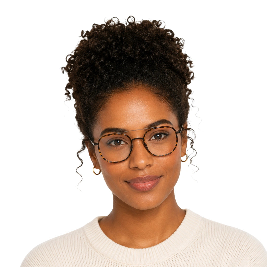 Woman wearing College Fashion 66102 double bridge square prescription eyeglasses in tortoise shell, front view