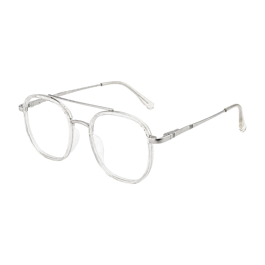 College Fashion 66102 double bridge square prescription eyeglasses in transparent, three-quarter angled view