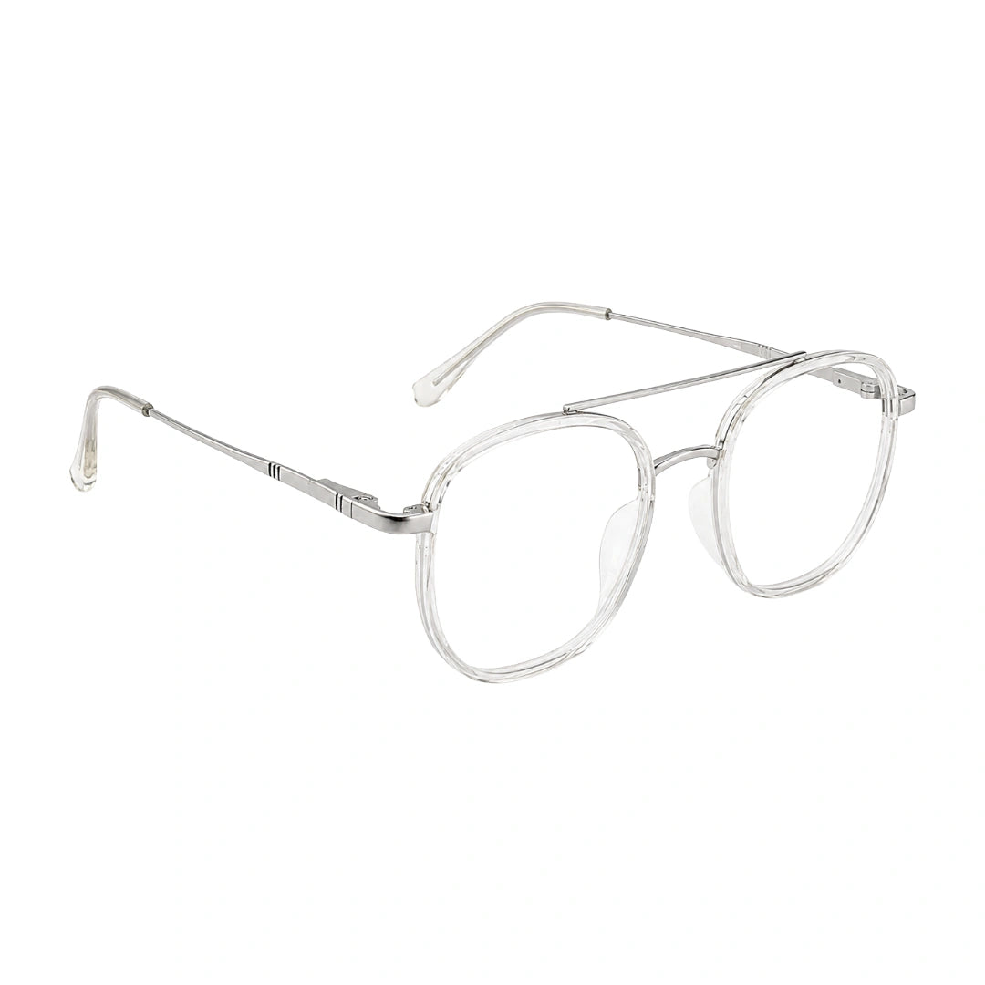 College Fashion 66102 double bridge square prescription eyeglasses in transparent, angled view